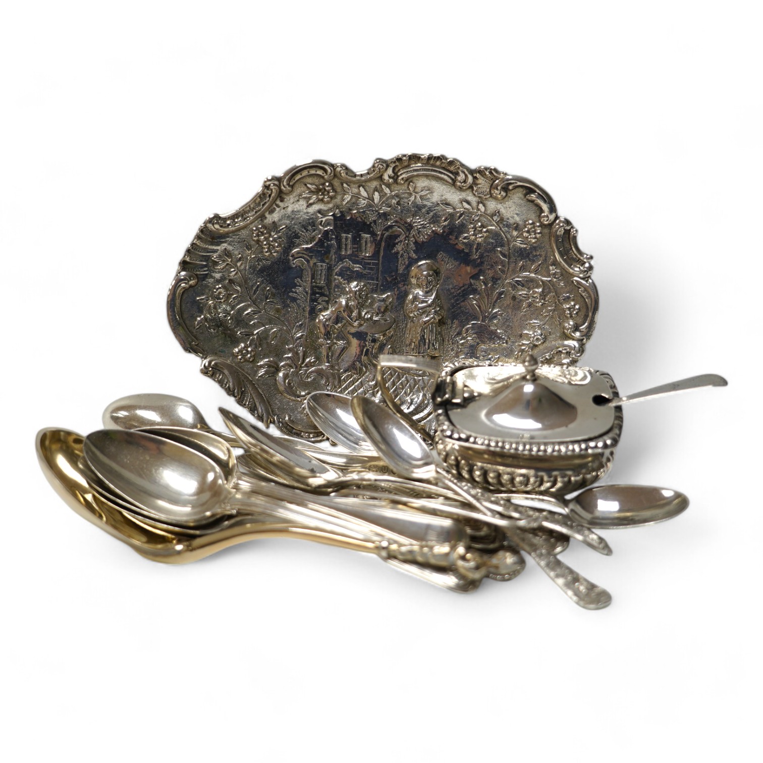 Sundry small silver and other items including, three 19th century Chinese Export fiddle, thread and shell pattern teaspoons by Khecheong, Canton, a white metal trinket dish, 16cm, mustard pot, teaspoons, server etc. Cond